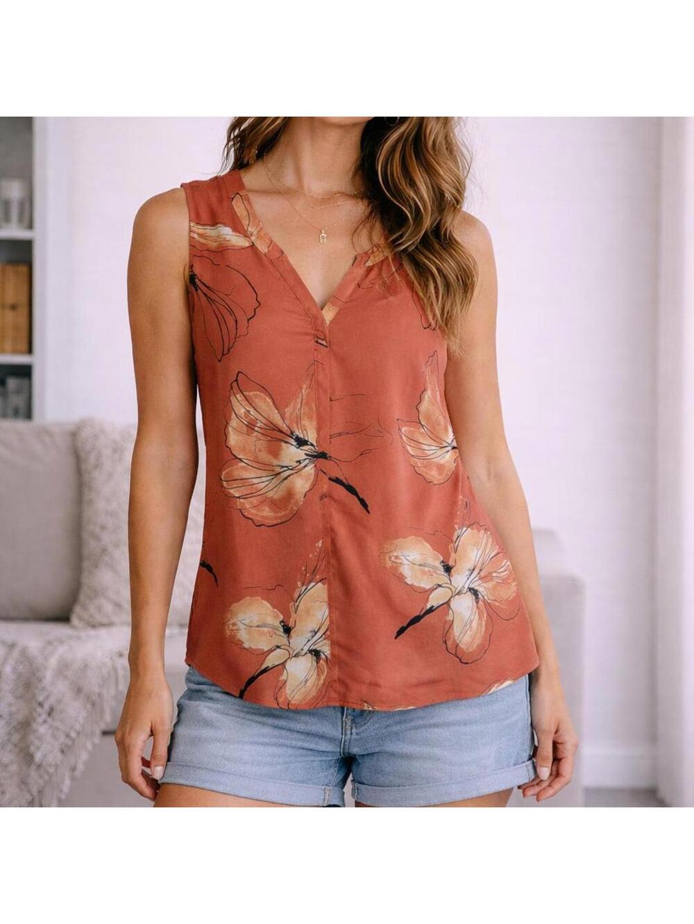 APT. 9 Floral Sleeveless Blouse – Rust Orange / Terracotta – Size S